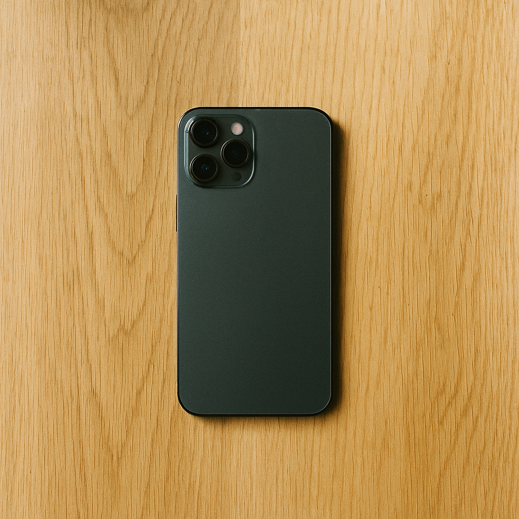A phone placed face-down on a wooden surface, screen hidden