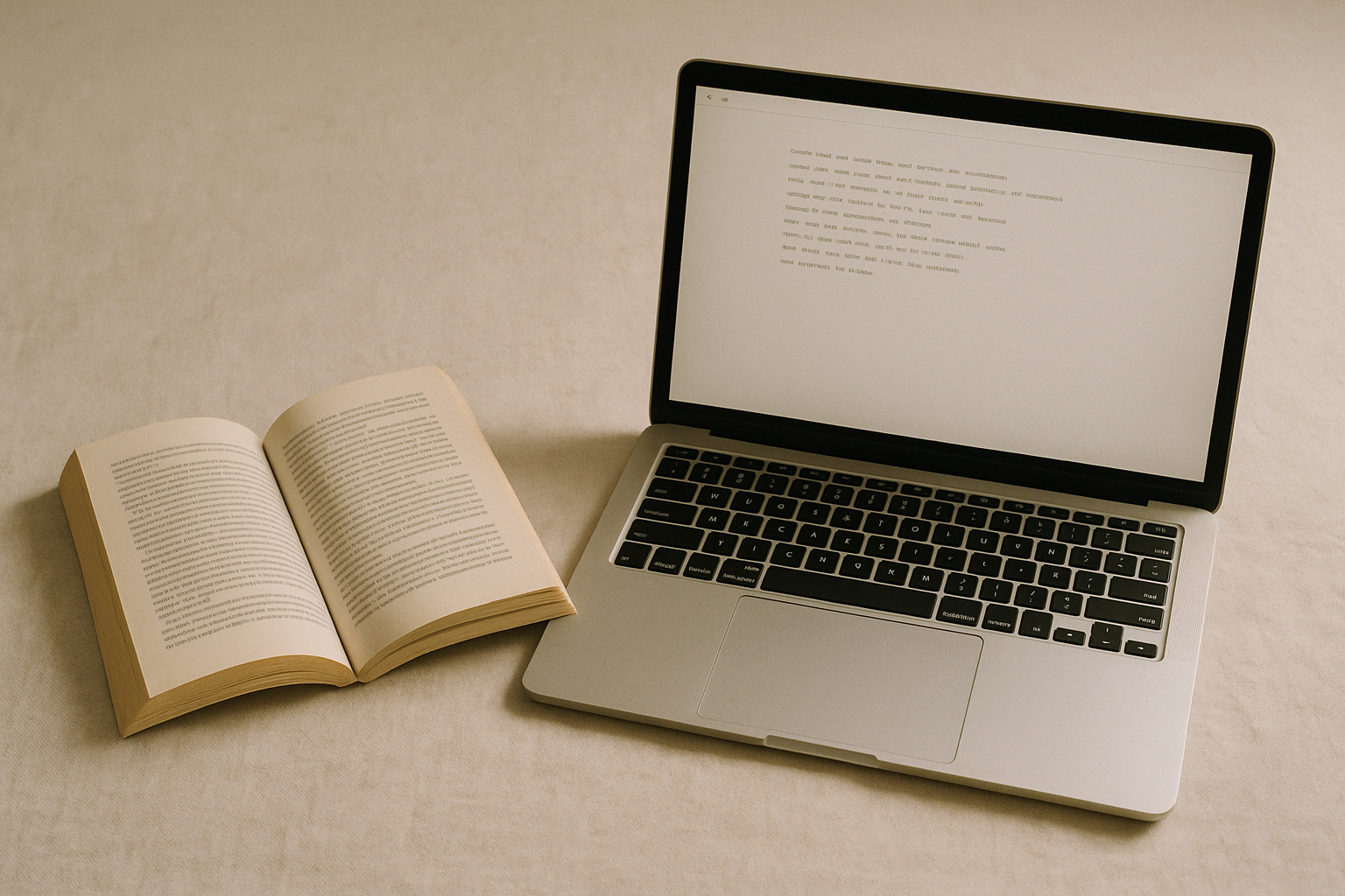 An open book beside a laptop showing a plain text document