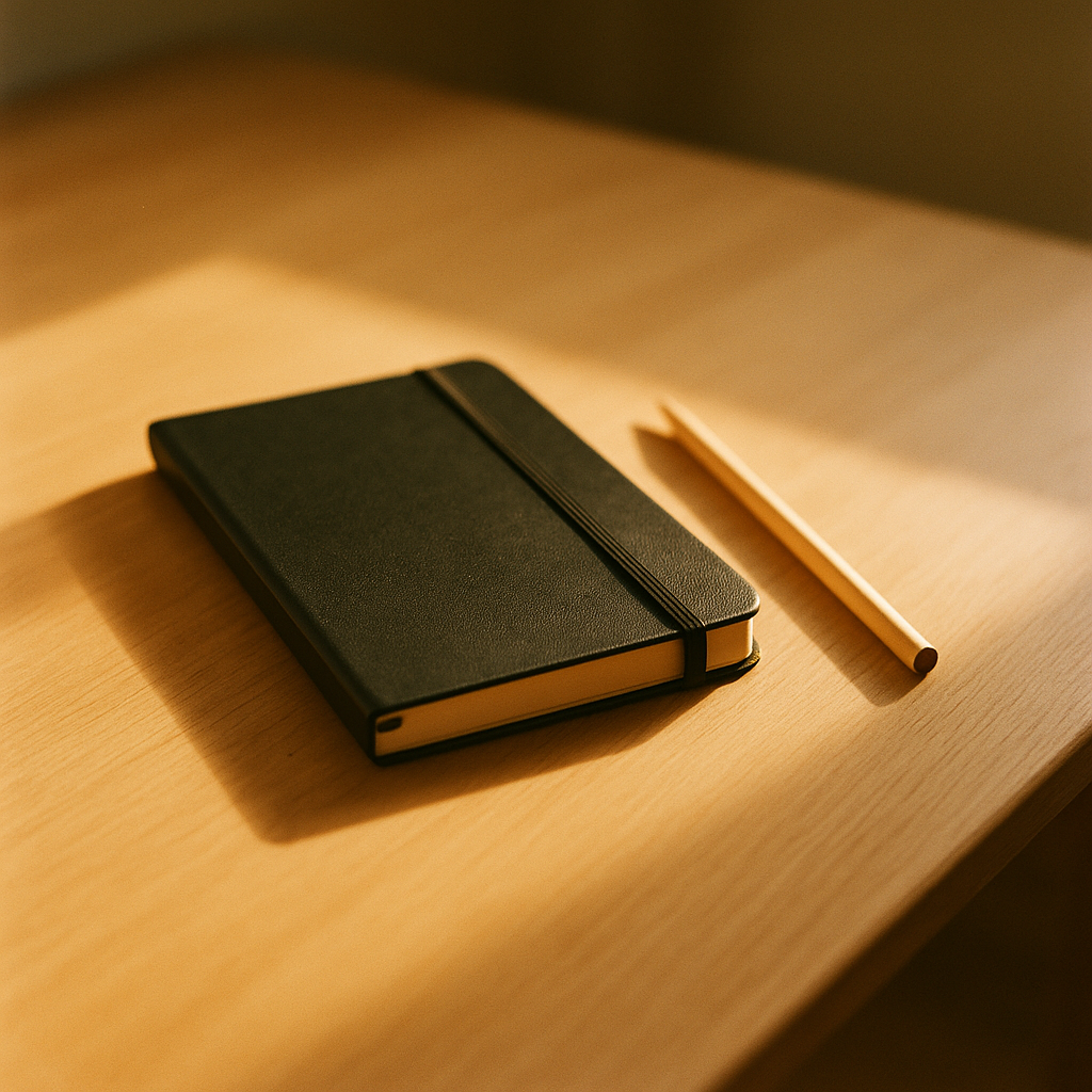 A cleared desk surface in early morning light — one notebook, one pencil, nothing else