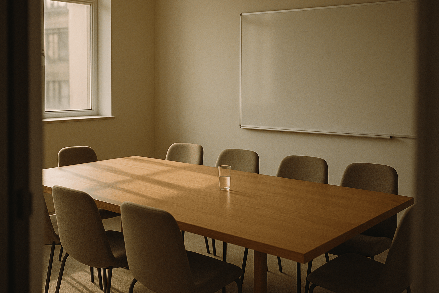An empty meeting room with chairs around a table and afternoon light through the window