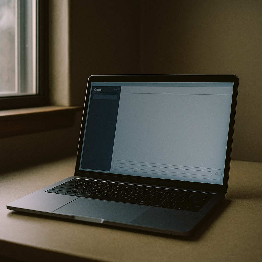 A blank messaging interface on a laptop screen in a quiet room